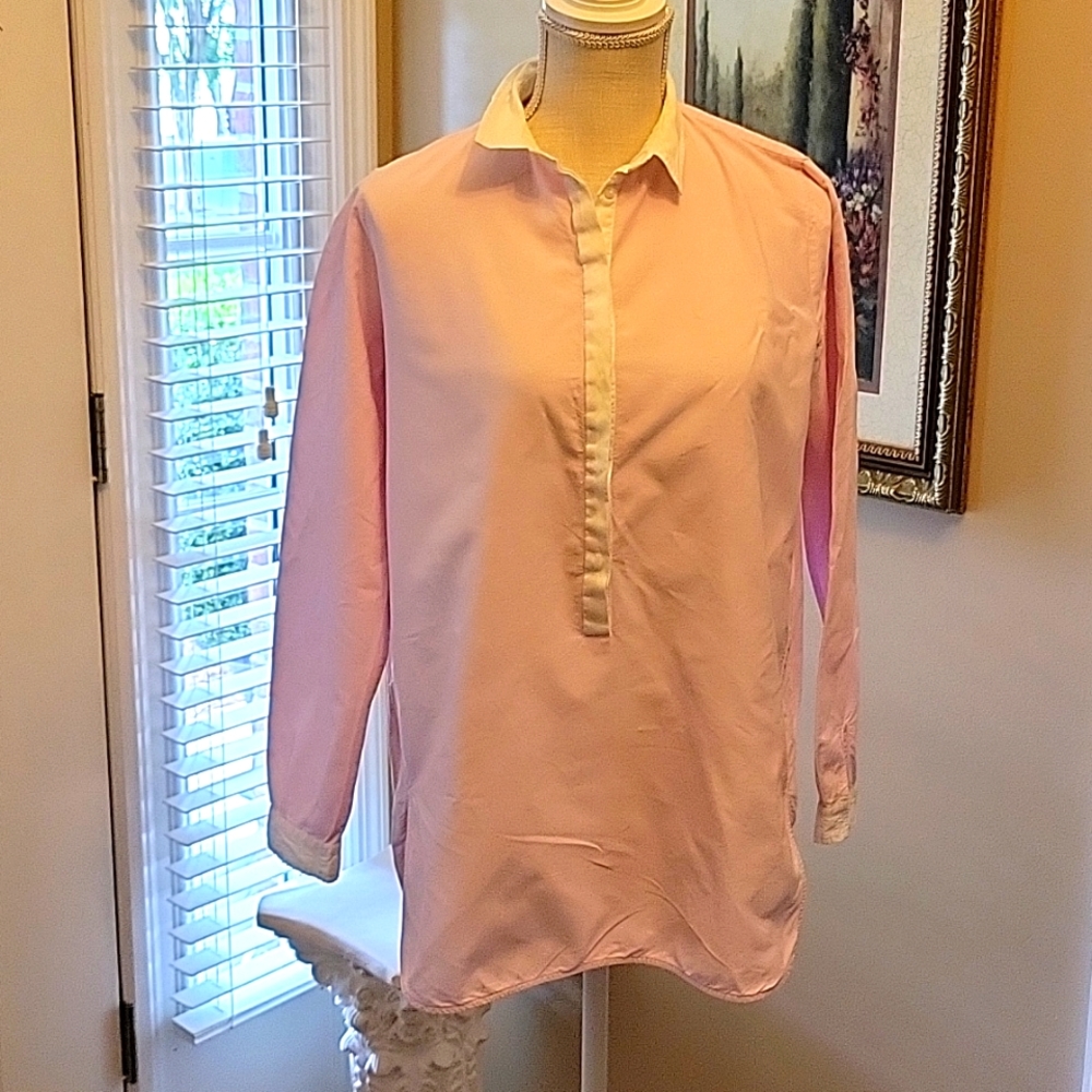 Zara Basic pink long sleeve shirt white collar cuff & placket 100% cotton S EUC…
